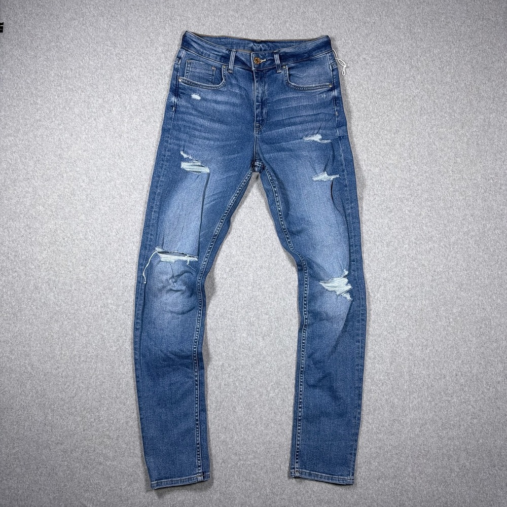 H&M &Denim Womens Blue Distressed Skinny Jeans High Waist Ripped Size 29/32